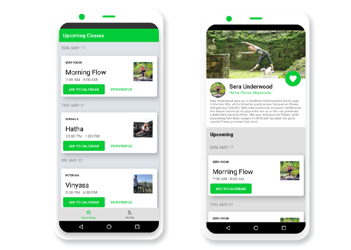 Screen shot of a mobile phone with the MixPose app open listing upcoming classes.